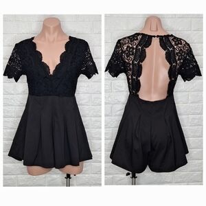 CHOIES Black Lace Open Back Pleated Ruffle Short Romper